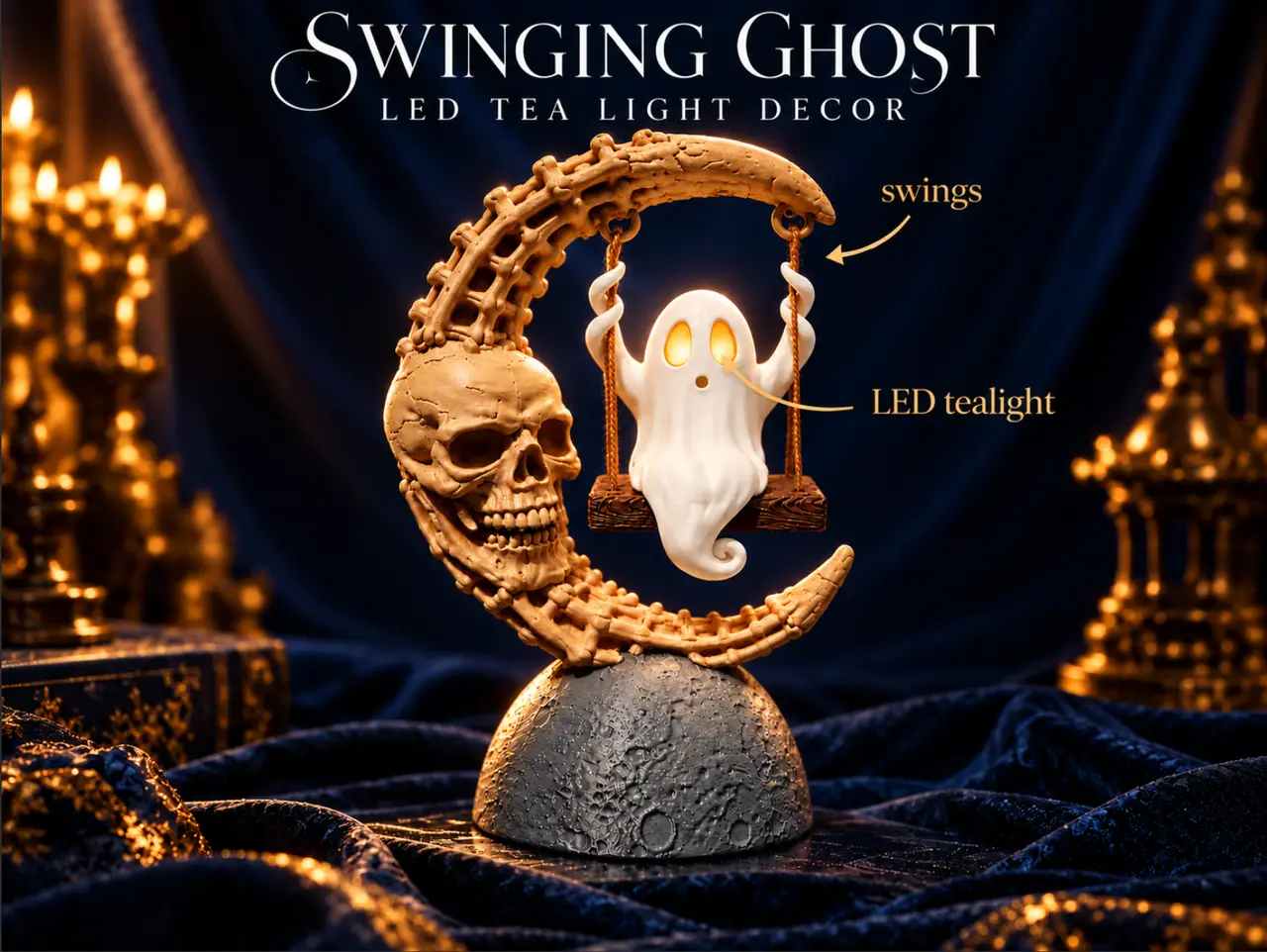 Swinging Ghost on Skeleton Moon – LED Tealight Halloween Decor - NO AMS — modelo 3D