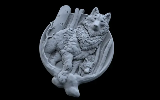 Wolf and baby pendant jewelry medallion 3D print model — modelo 3D