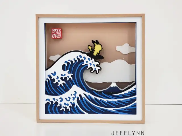 Pikachu surfing the Great Wave - Shadow Box — modelo 3D