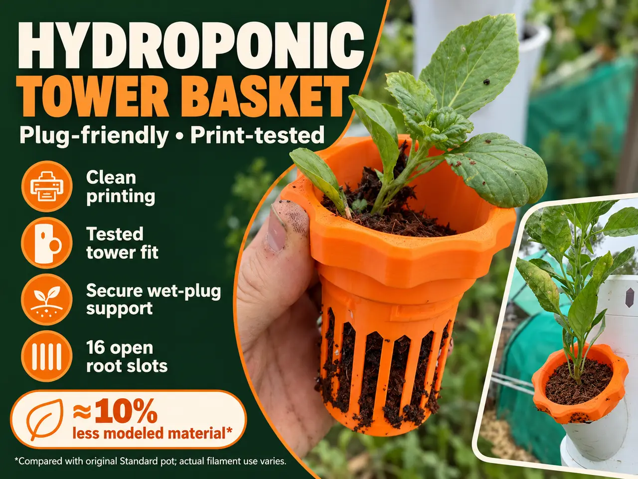 Hydroponic Tower Plant Basket - remix uses less filament and more space for roots — modelo 3D