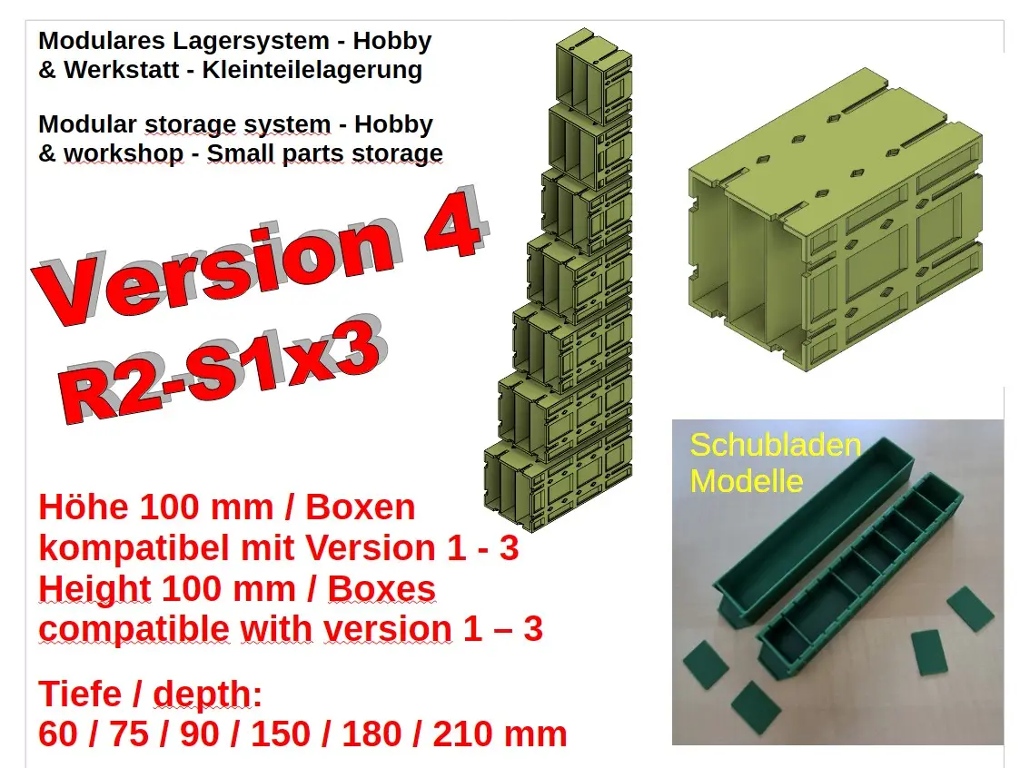 Modulares Lagersystem - Hobby & Werkstatt - Kleinteilelagerung; // Modular storage system - Hobby & workshop - Small parts storage; / V4 - R2 - S1x3 — modelo 3D