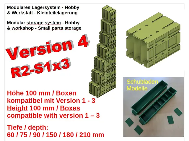 Modulares Lagersystem - Hobby & Werkstatt - Kleinteilelagerung; // Modular storage system - Hobby & workshop - Small parts storage; / V4 - R2 - S1x3 — modelo 3D