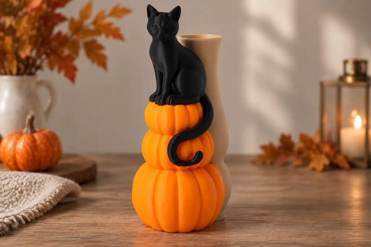Black Cat Pumpkin Vase – Autumn Halloween Decor — modelo 3D