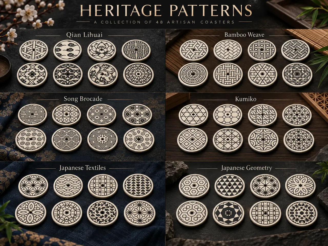 Coaster Set: Heritage Patterns (Kumiko, Bamboo, Lotus) — modelo 3D