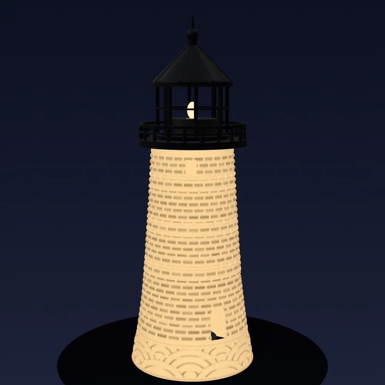 Lighthouse Lantern - Lithophane LED Tea Light Lamp with Stone Block Tower, Wave Base and Gallery Roof — modelo 3D