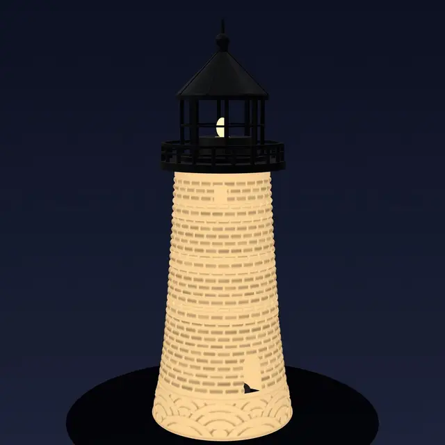 Lighthouse Lantern - Lithophane LED Tea Light Lamp with Stone Block Tower, Wave Base and Gallery Roof — modelo 3D