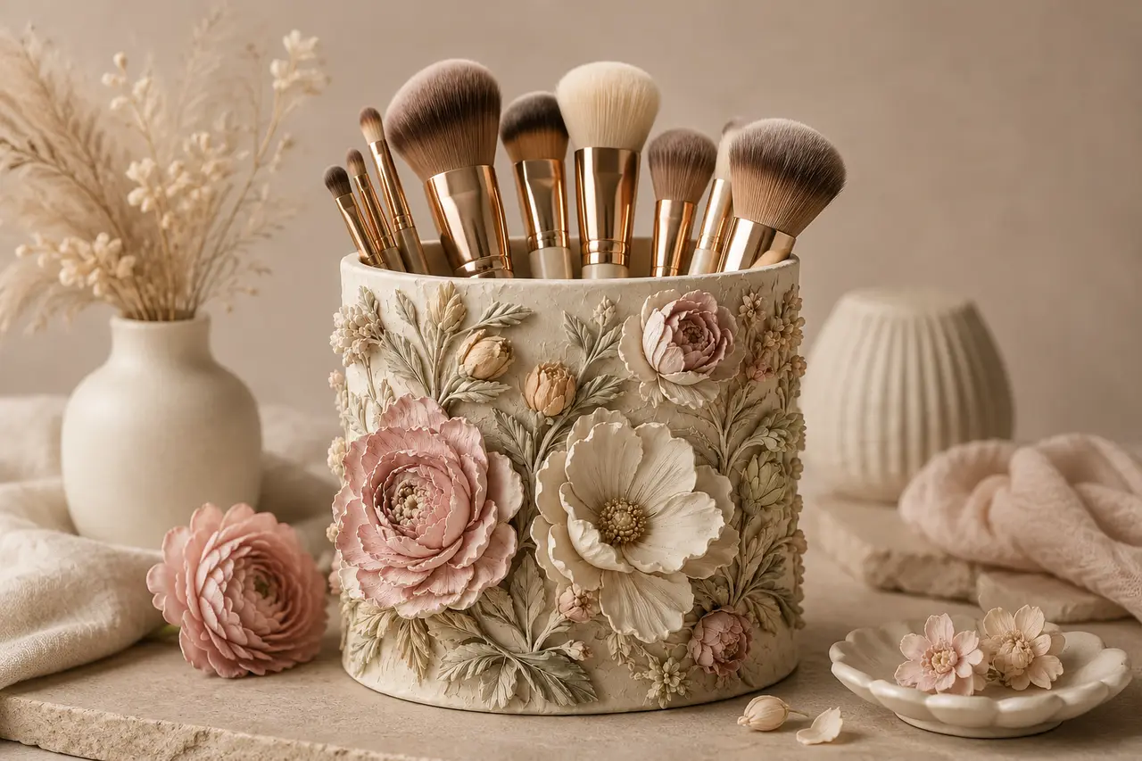 Floral Relief Makeup Brush Holder — modelo 3D
