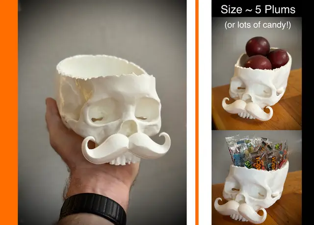 Skull with Mustache (V2) - Candy Bowl | Halloween Decoration — modelo 3D