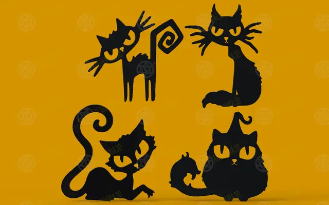 Black Cat Halloween Decor Set - Free Silhouette Cutouts — modelo 3D
