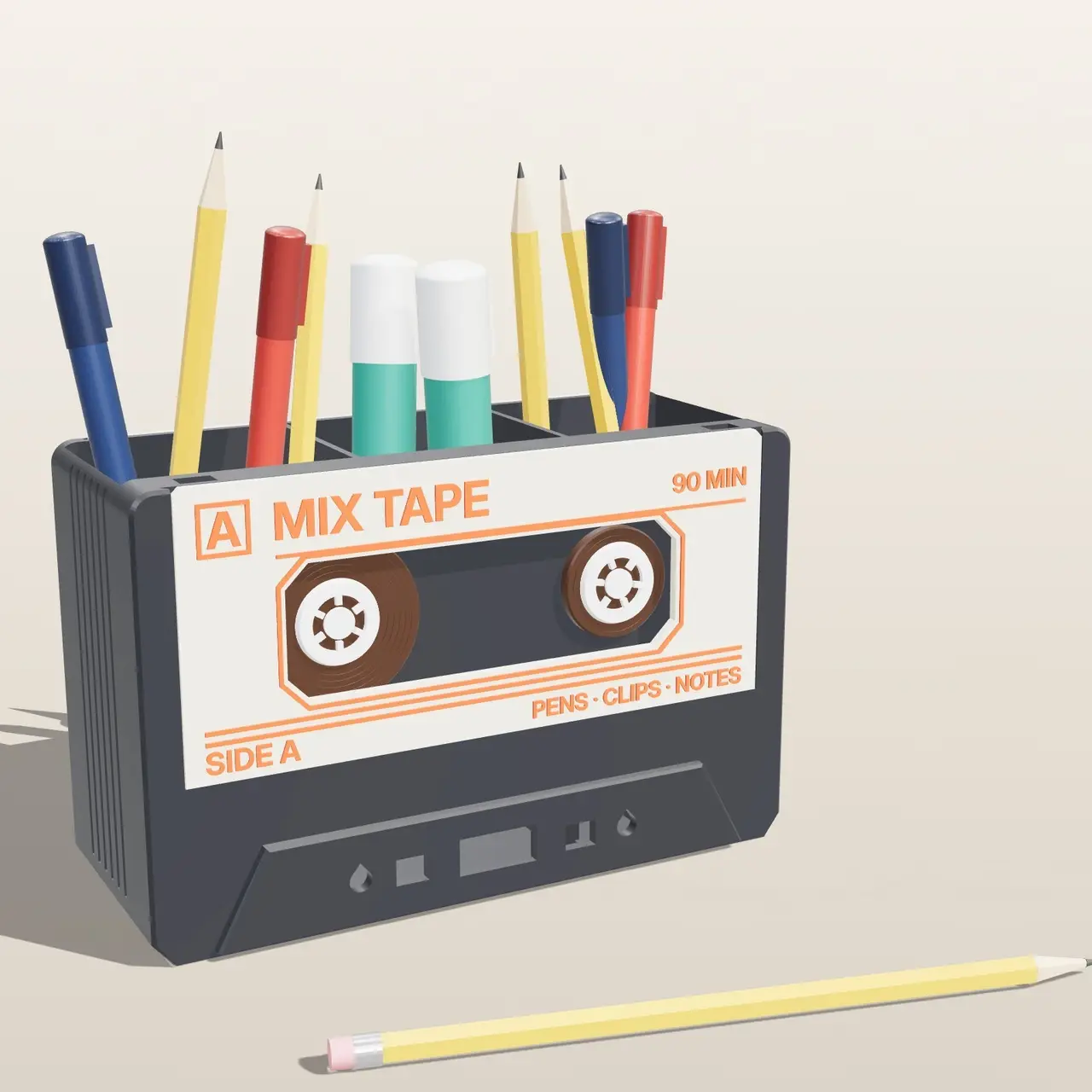 Cassette Tape Desk Organizer – Retro Mix Tape Pen Holder with Drawer, Spinning Reels & Swappable Labels — modelo 3D