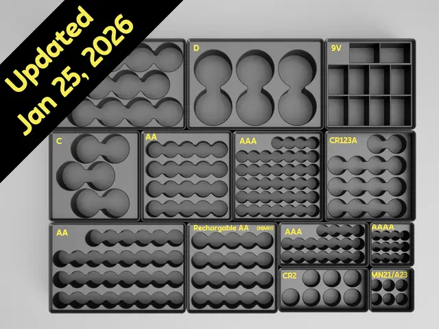 Gridfinity Stackable Battery Storage for Cylindrical & 9V Batteries (AA, AAA, AAAA, C, D, CR2, CR123, MN21/A23 & 9V) — modelo 3D