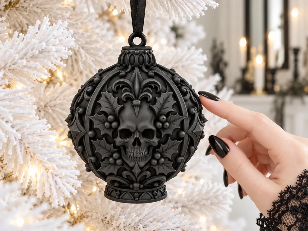 Goth Christmas Yule Skull Holly Baroque Ornament — modelo 3D