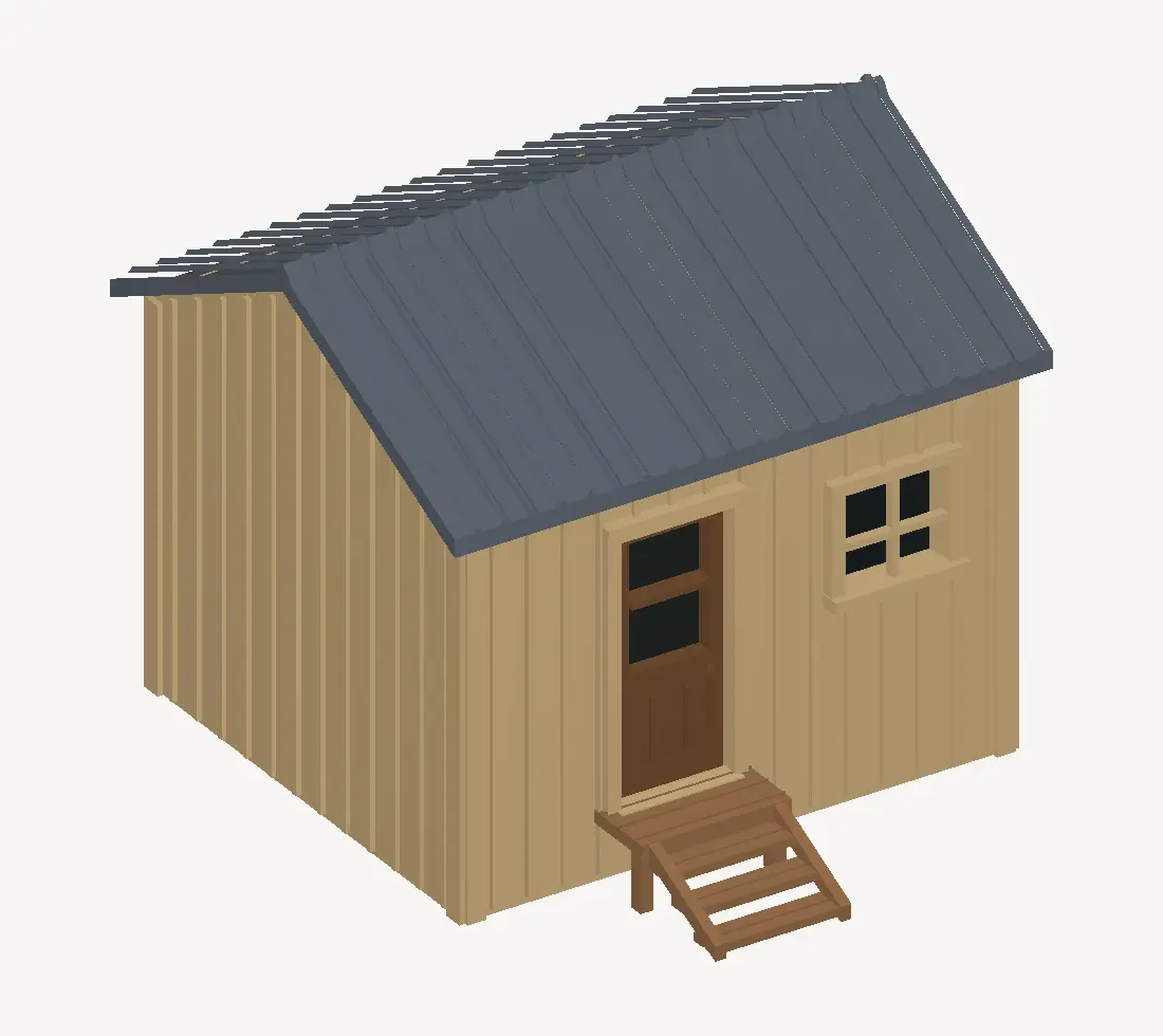N Scale Wooden Trackside Shack – Board-and-Batten with Peaked Corrugated Metal Roof (1:160) — modelo 3D