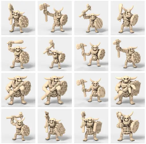 16 stone age orcs leaders/elite with skull helmet style 2, overcompensating horns, 1 handed weapon and shield [PHSASHHLM_style2wHorns_lot1] — modelo 3D