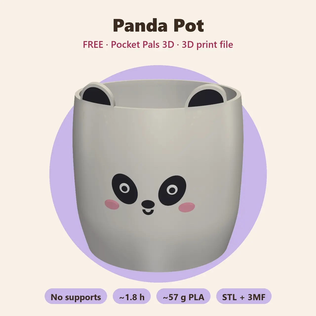 Panda Pot – Free Kawaii Planter / Pen Cup, No Supports — modelo 3D