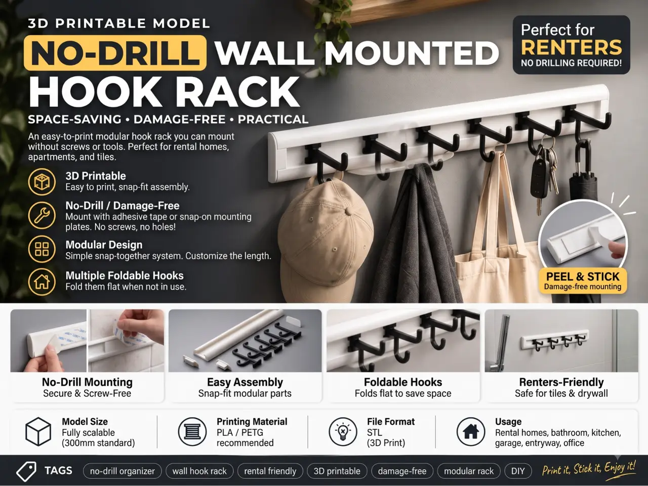 Wall Mounted Hook Rack — modelo 3D