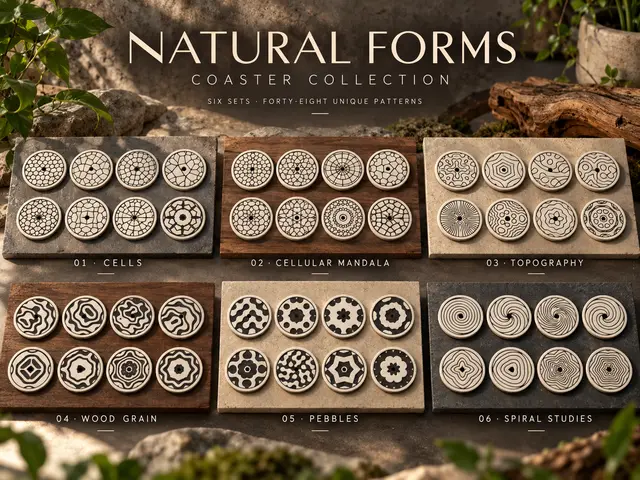 Coaster Set: Natural Forms (Voronoi, Wood Grain, Topo) — modelo 3D