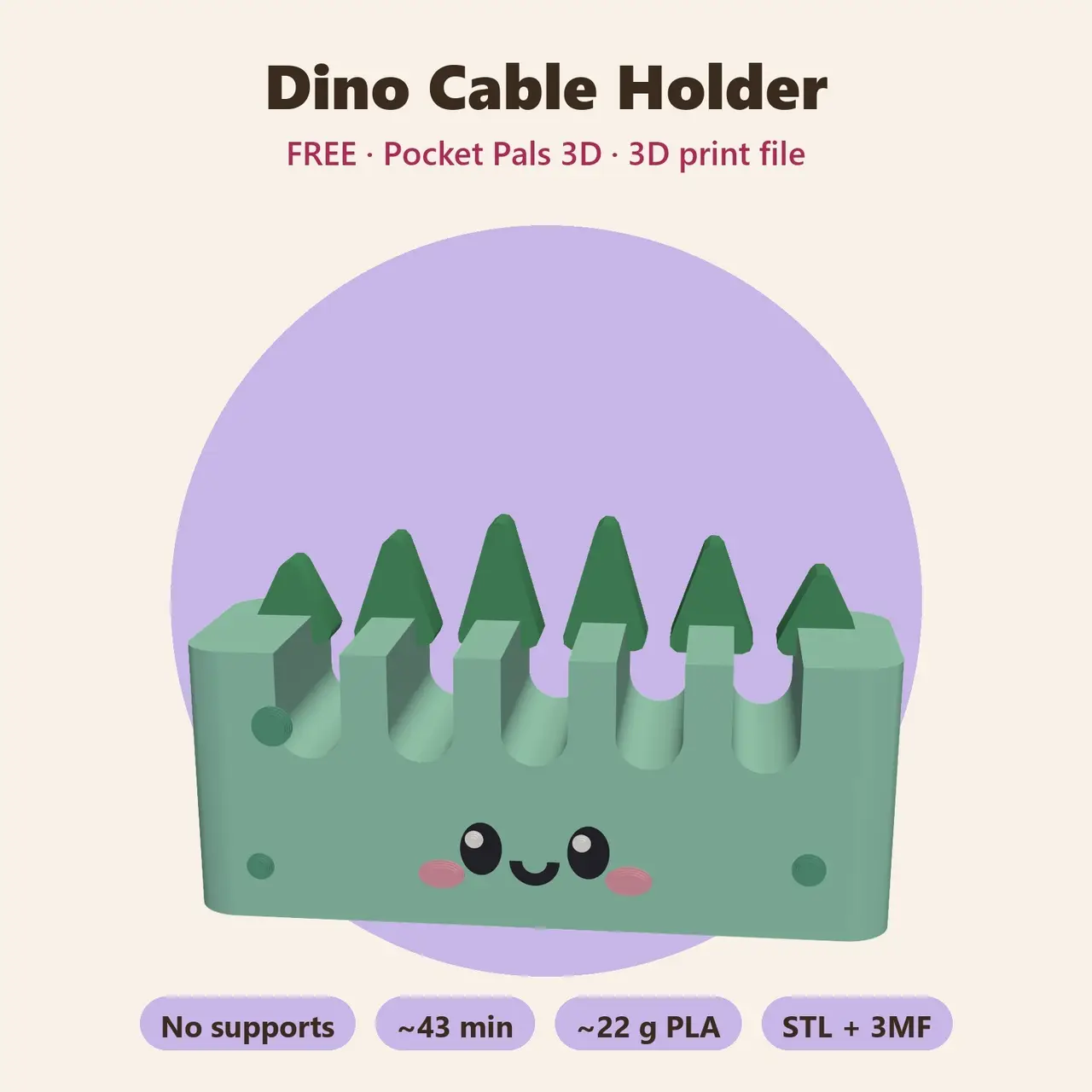 Dino Cable Holder – Free Kawaii Desk Organizer, No Supports — modelo 3D