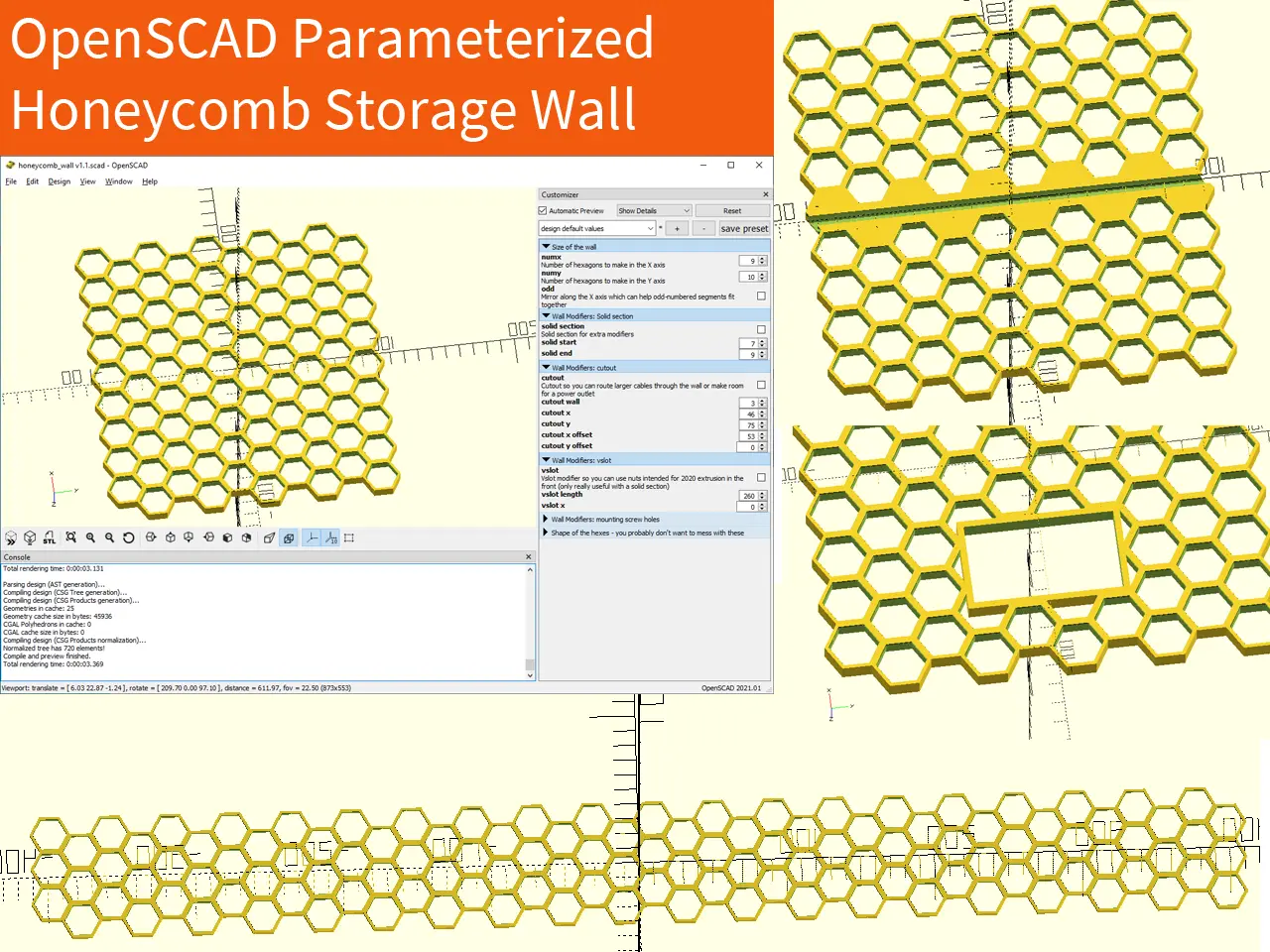 OpenSCAD Parameterized Honeycomb Storage Wall — modelo 3D