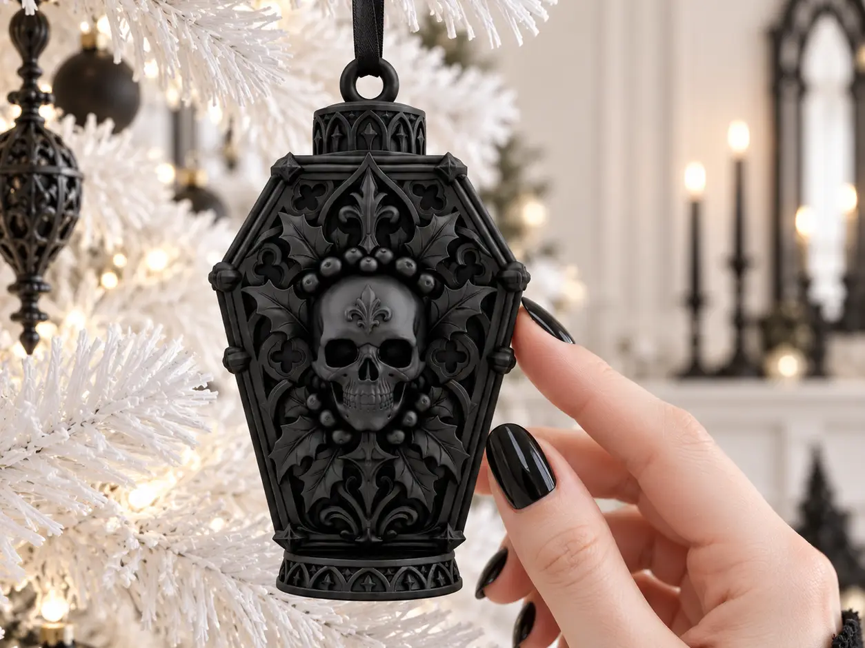Goth Yule Christmas Skull Coffin Tree Ornament — modelo 3D