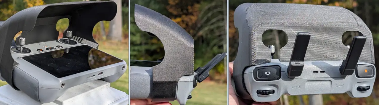A one-part, thin-shell sunshade for the DJI RC-2 remote drone controllers — modelo 3D