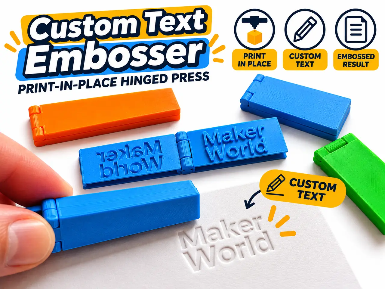 Custom Text Embosser | Print-in-Place Hinged Press — modelo 3D