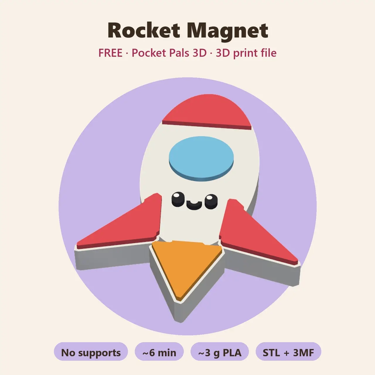 Rocket Magnet – Free Kawaii Space Fridge Magnet, No Supports — modelo 3D