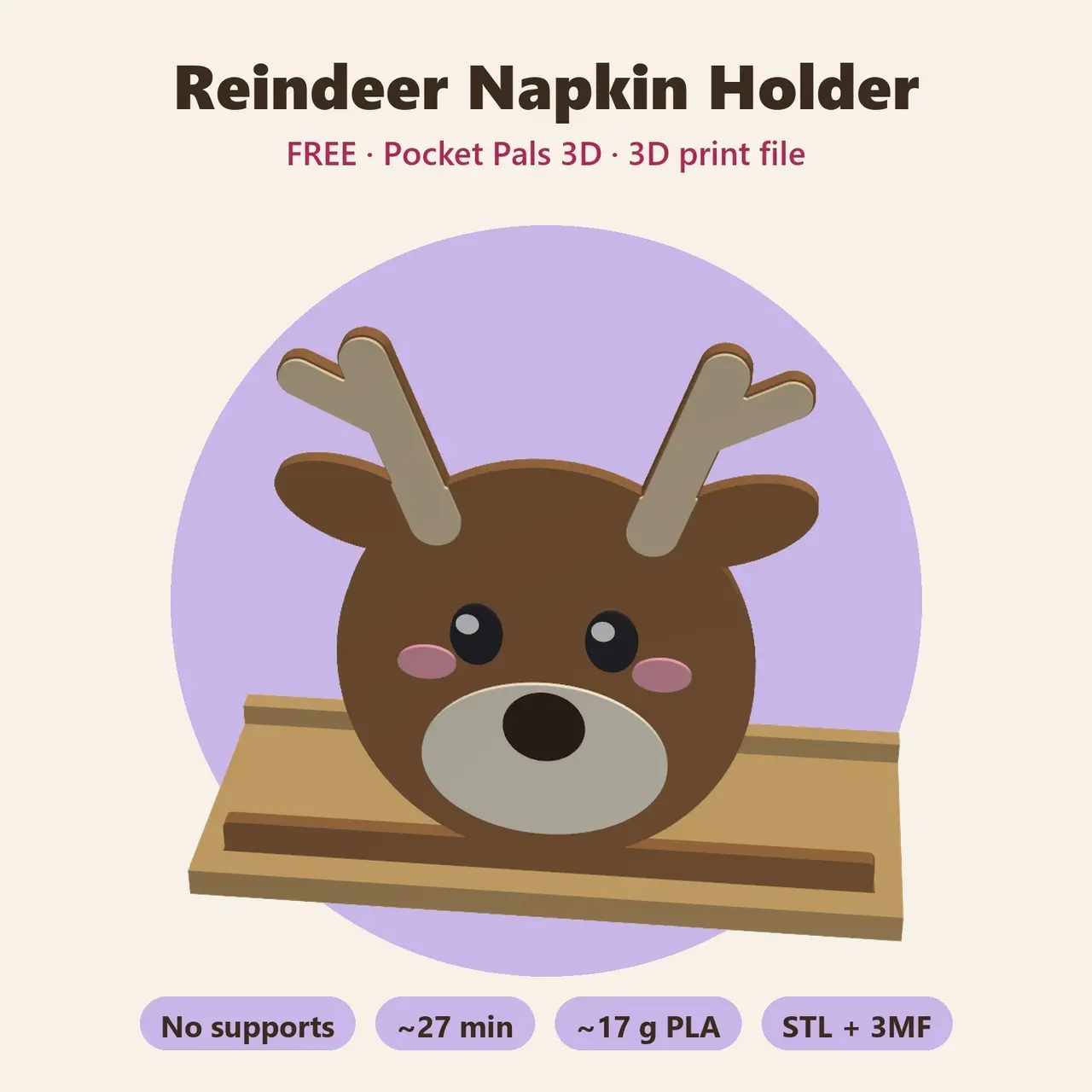 Reindeer Napkin Holder – Free Kawaii Christmas Table Decor, No Supports — modelo 3D