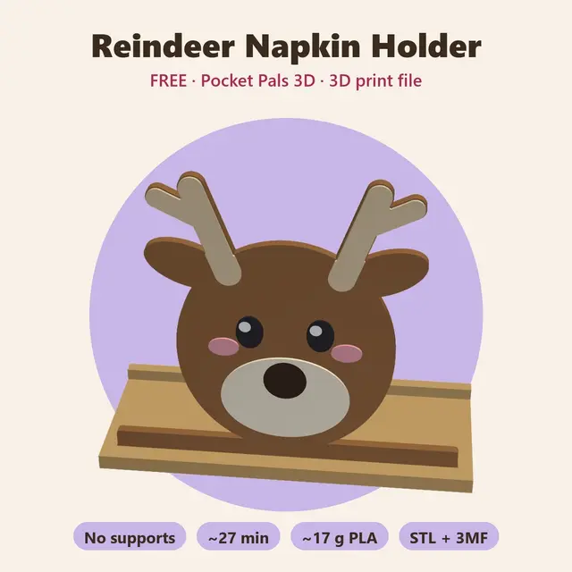 Reindeer Napkin Holder – Free Kawaii Christmas Table Decor, No Supports — modelo 3D
