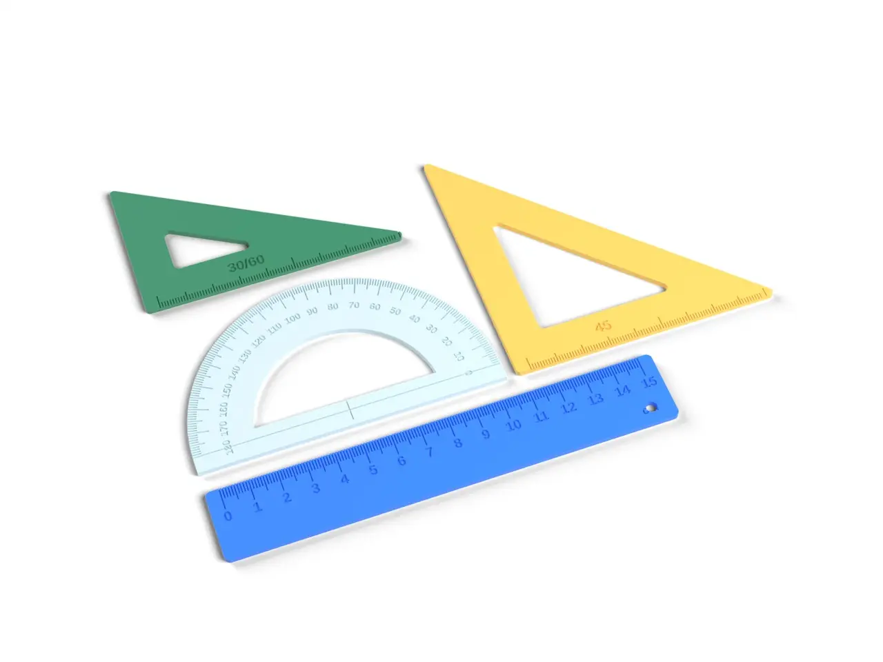 Geometry Set - 15 cm Ruler, Protractor and Set Squares for School, No Supports (OpenSCAD) — modelo 3D