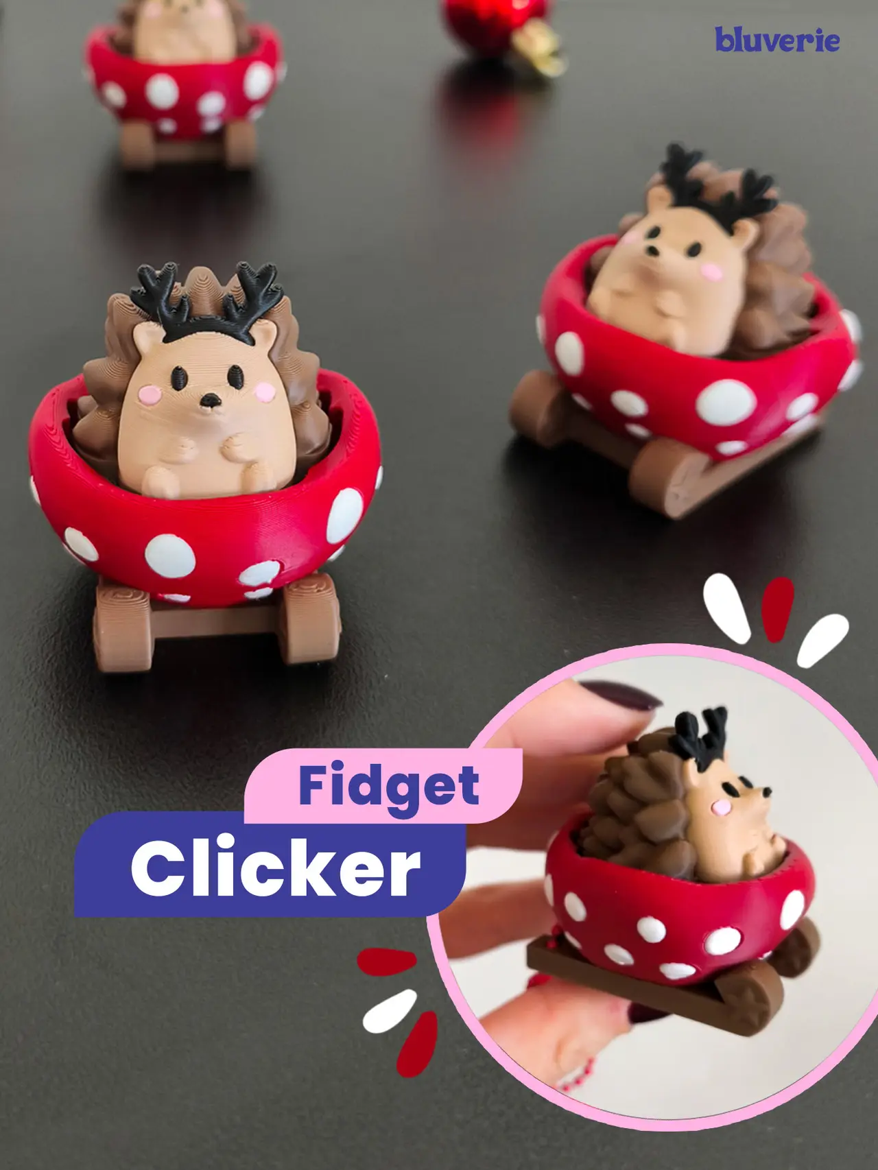 Christmas Hedgehog Mushroom Sled Fidget Clicker — modelo 3D