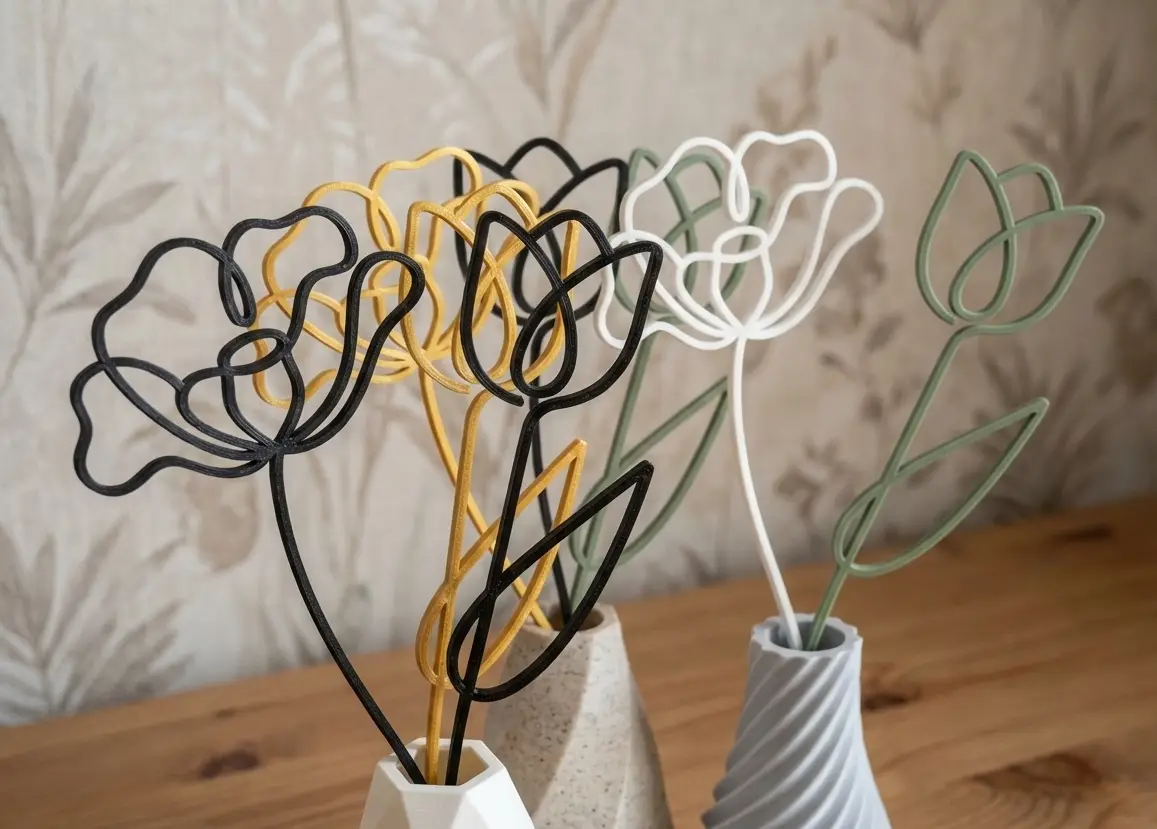 Minimalist Wire Flowers - Vase Decor — modelo 3D
