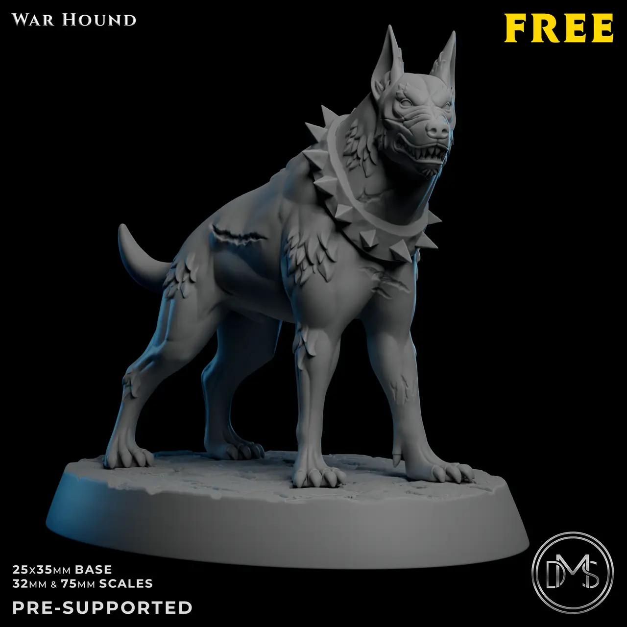 FREE War Hound Miniature | D&D / TTRPG | Pre-Supported 32mm & 75mm — modelo 3D