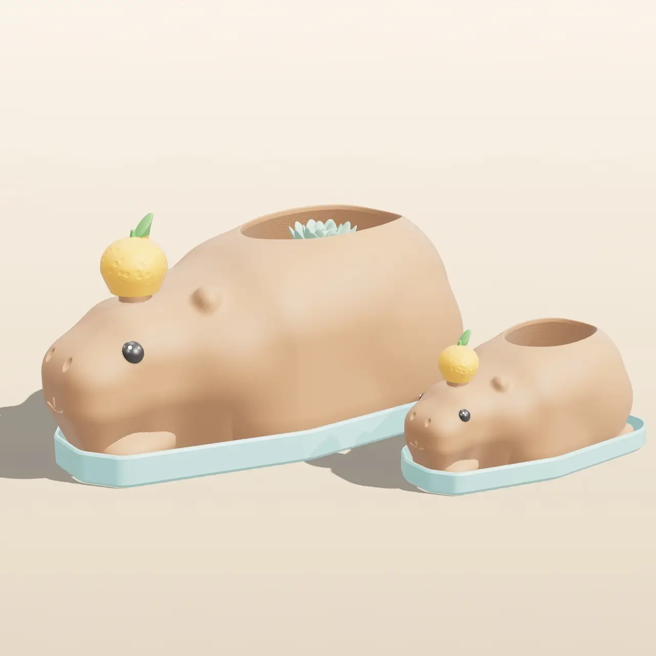 Chubby Capybara Planter – Kawaii Mom & Baby Succulent Pots with Yuzu Hats and Hot Spring Drip Trays — modelo 3D