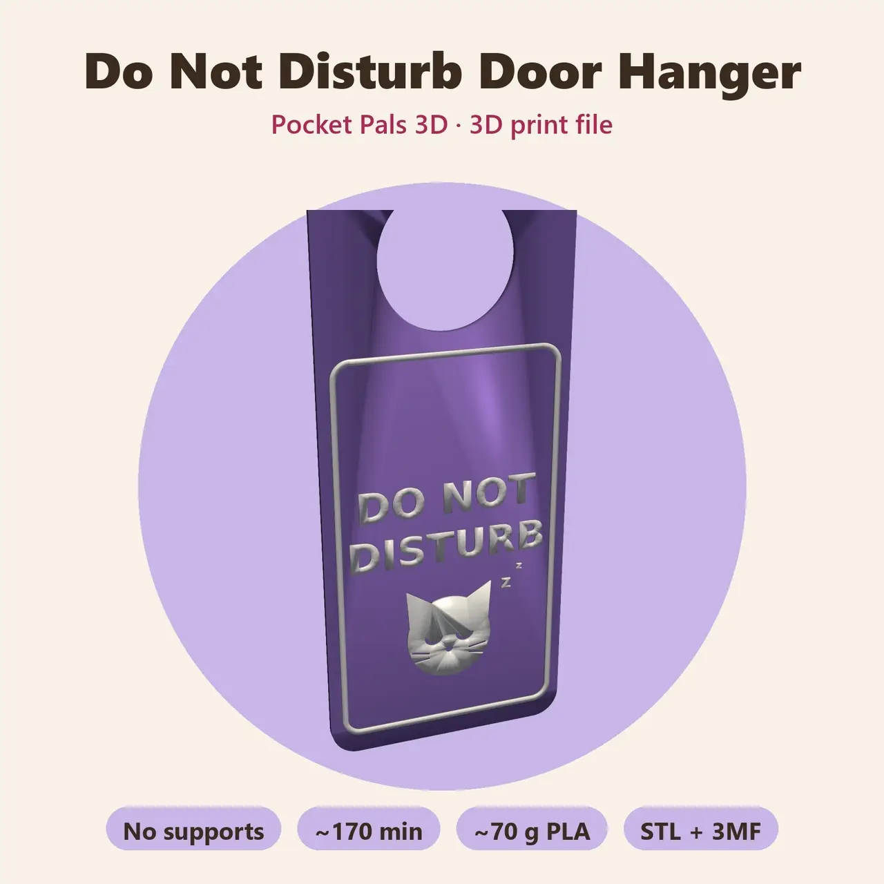 Do Not Disturb Door Hanger with Sleepy Cat – Free, 2-Color, No Supports — modelo 3D