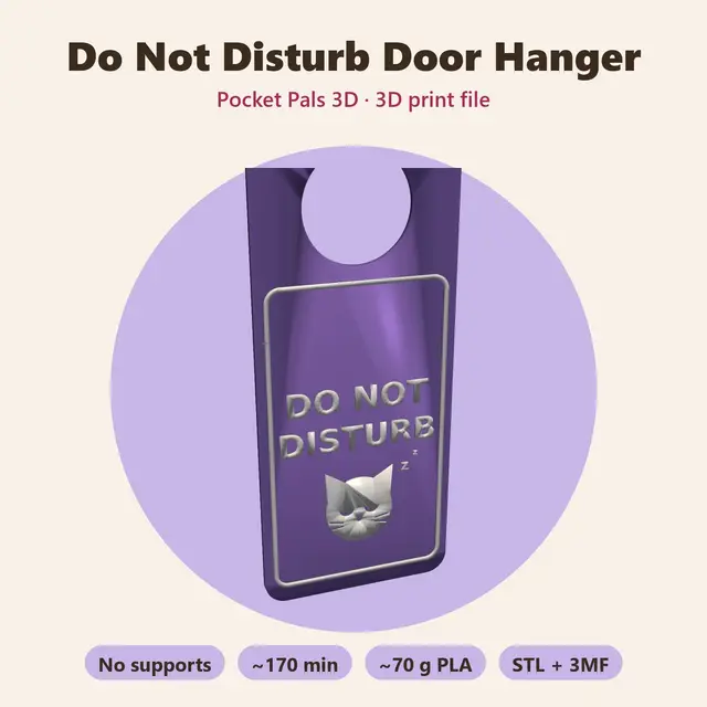 Do Not Disturb Door Hanger with Sleepy Cat – Free, 2-Color, No Supports — modelo 3D