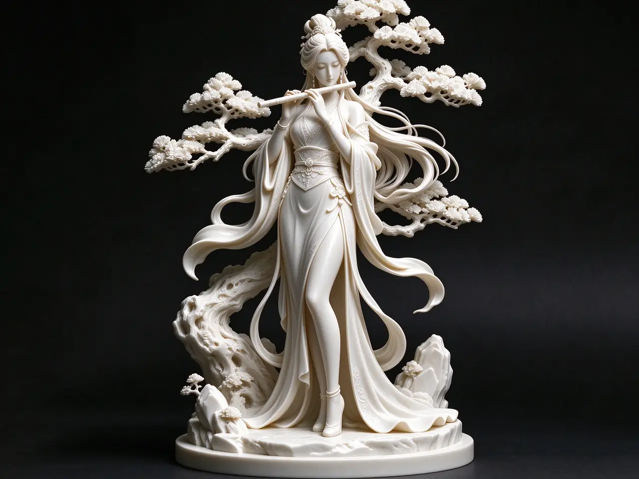 松畔笛音｜国风吹笛仕女 — modelo 3D