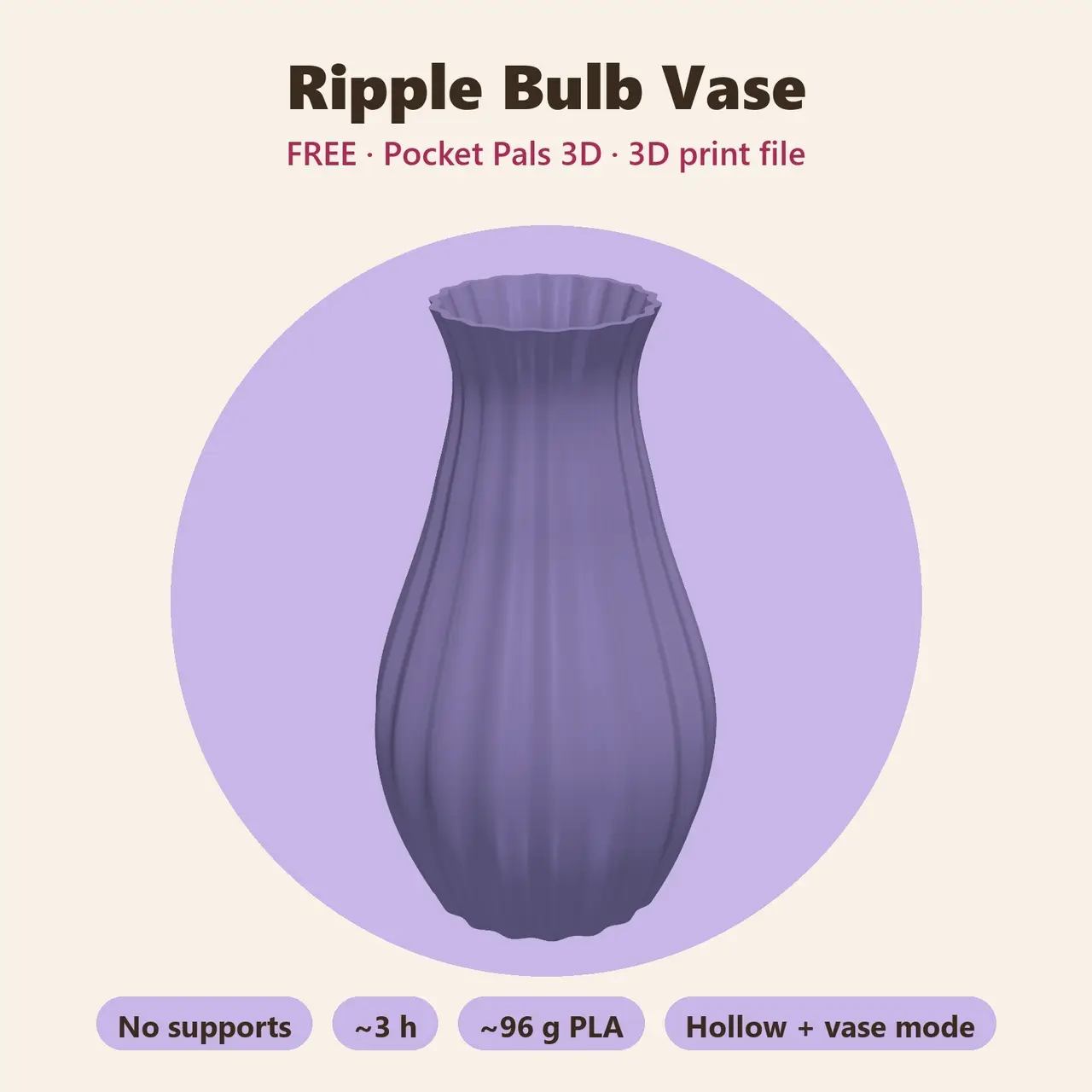 Ripple Bulb Vase – Free Parametric Vase, Vase Mode Ready, No Supports — modelo 3D