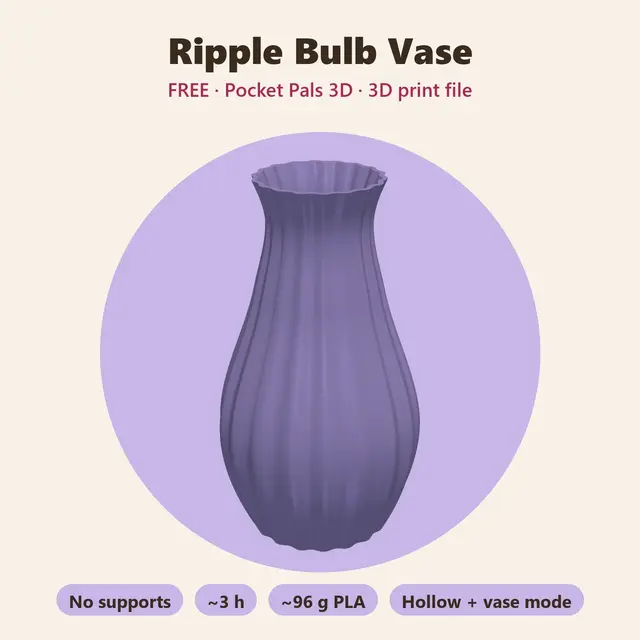 Ripple Bulb Vase – Free Parametric Vase, Vase Mode Ready, No Supports — modelo 3D