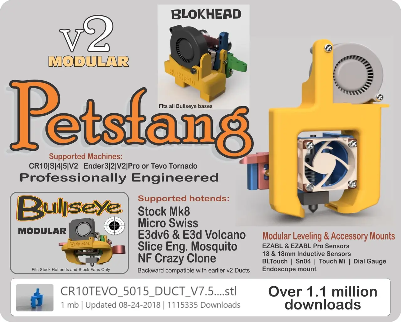 Petsfang Duct for CR10 MicroSwiss/Stock/E3Dv6/Volcano/TevoTornado /Tarantula Hot End/E3Dv6 CNC Mount & 5015 fan Bullseye Blokhead — modelo 3D