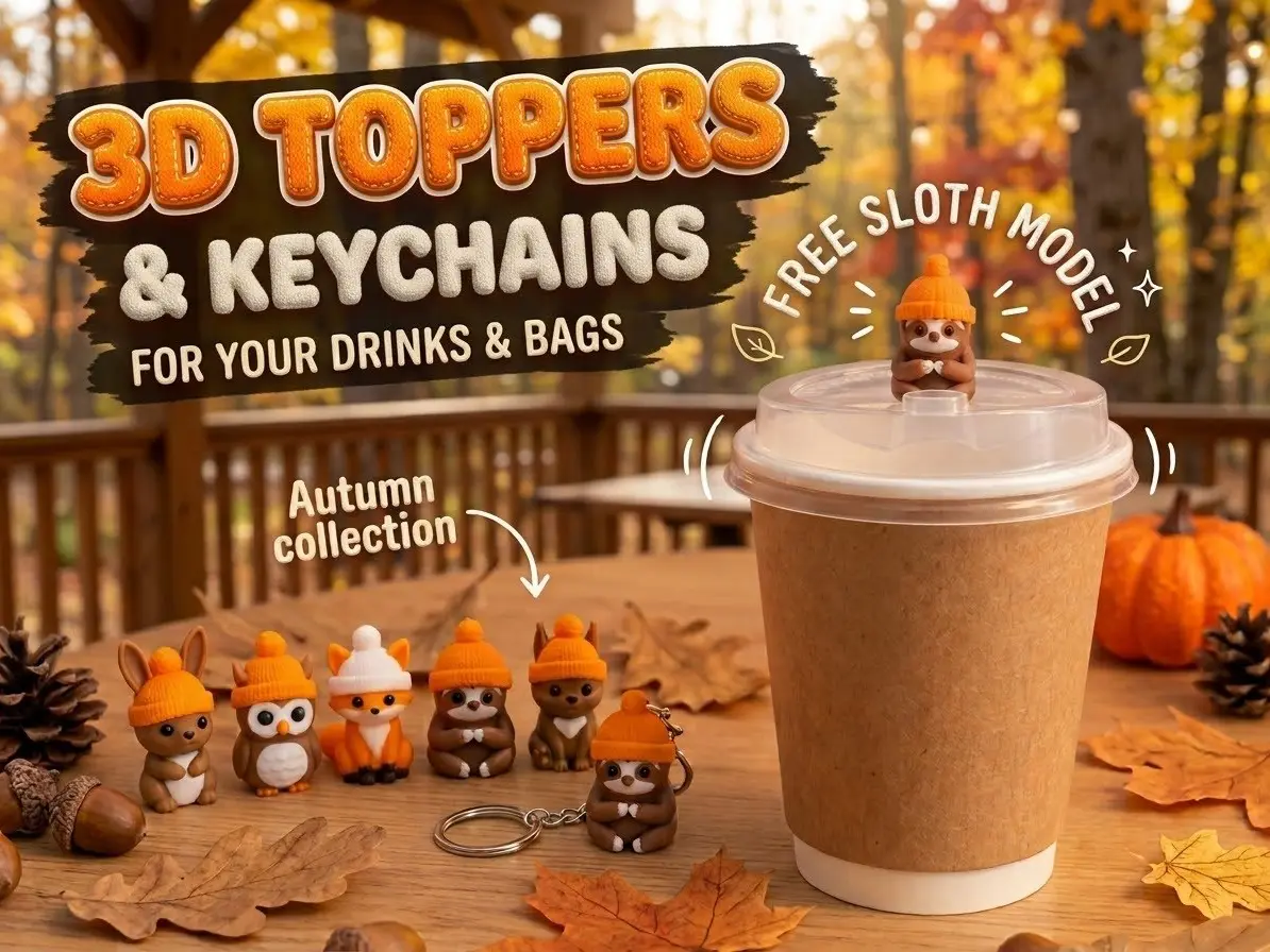 Sloth in a hat (Coffee Topper or Keychain) — modelo 3D