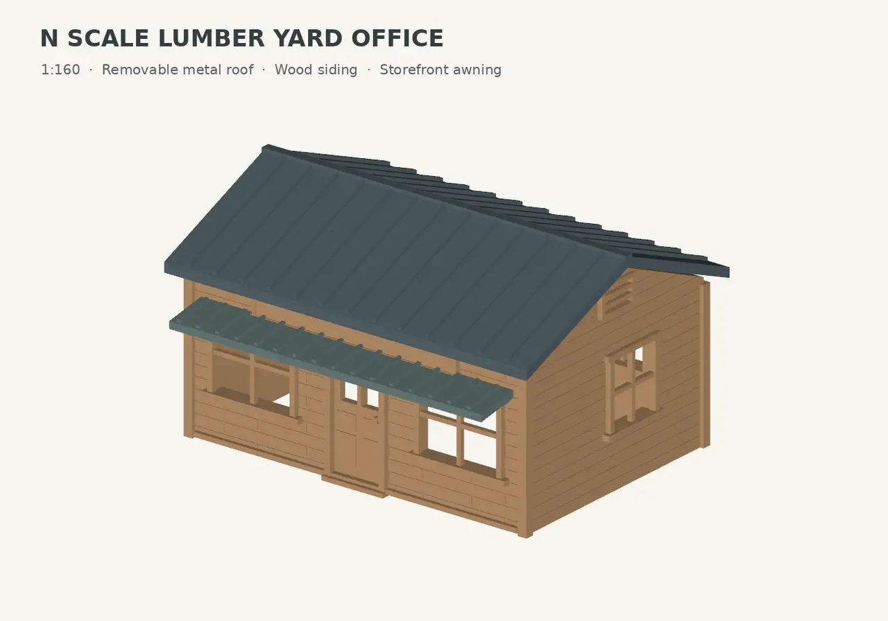 N Scale Lumber Yard Office – Wood-Sided Office with Removable Metal Roof & Storefront Awning (1:160) — modelo 3D