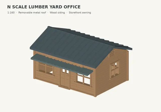 N Scale Lumber Yard Office – Wood-Sided Office with Removable Metal Roof & Storefront Awning (1:160) — modelo 3D