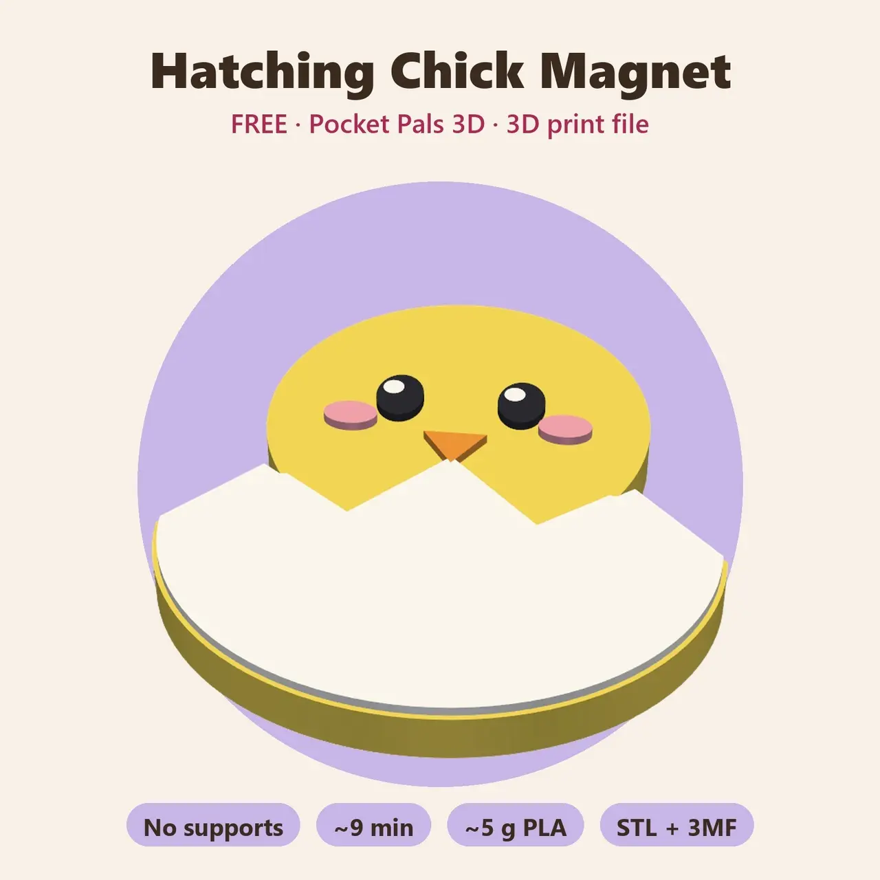 Hatching Chick Magnet – Free Kawaii Easter Fridge Magnet, No Supports — modelo 3D