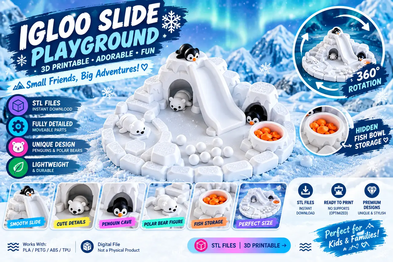 3D Printed Winter Arctic Playset - Polar Bear & Penguin+Arctic igloo free! — modelo 3D