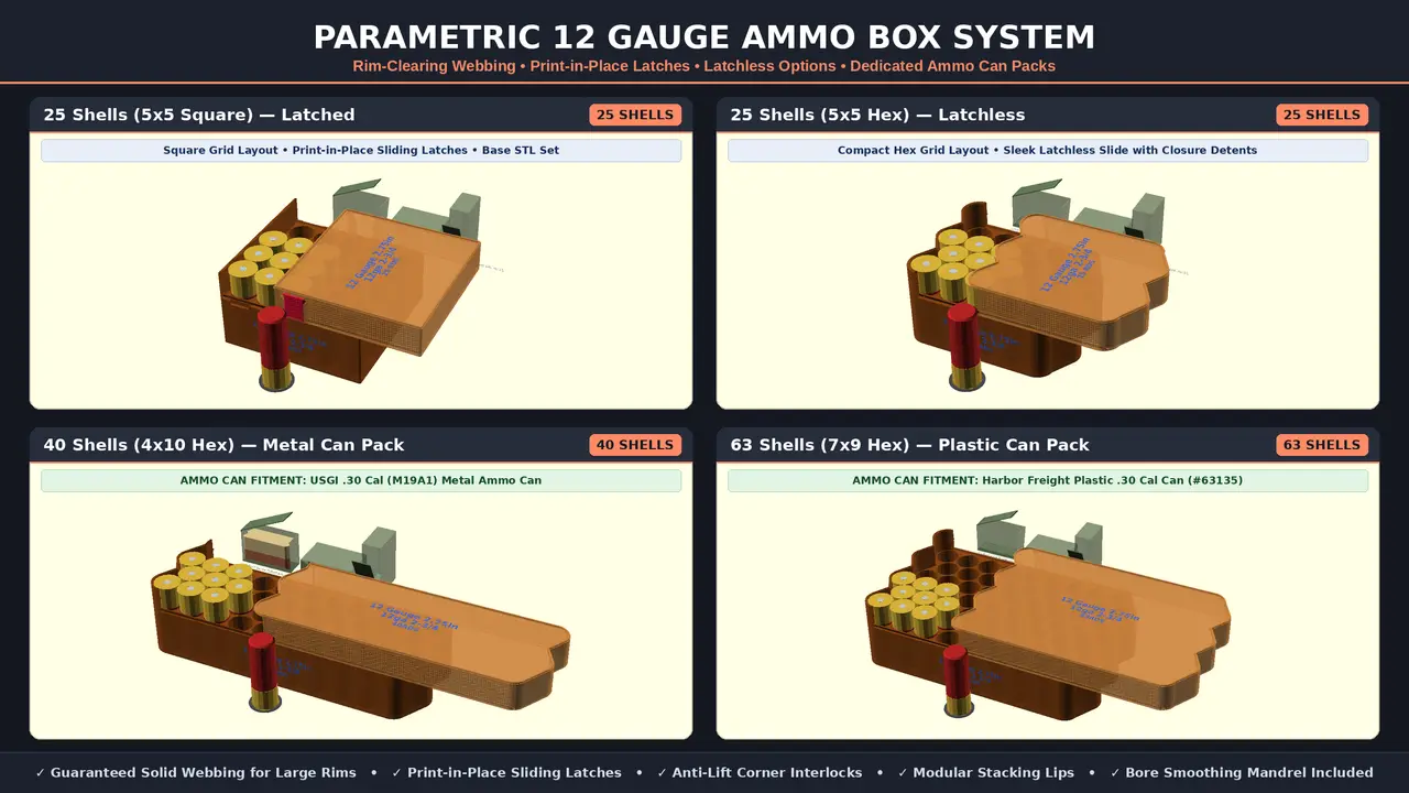 12 Gauge Ammo Box System (2-3/4") - Tight Packing, Stackable, with Latches & Ammo Can Packs — modelo 3D
