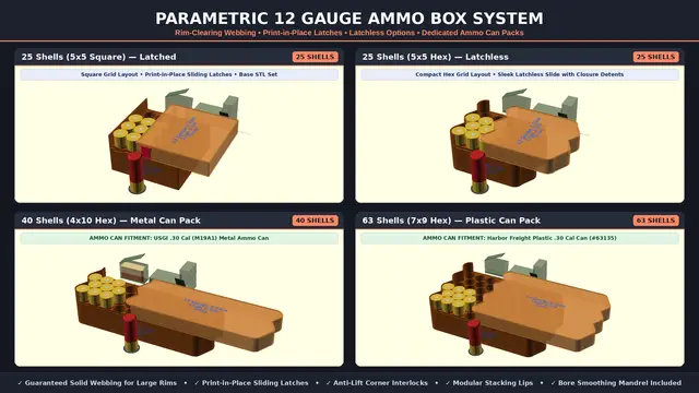 12 Gauge Ammo Box System (2-3/4") - Tight Packing, Stackable, with Latches & Ammo Can Packs — modelo 3D