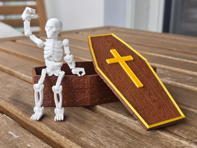 Wooden coffin / box with poseable skeleton for Halloween — modelo 3D