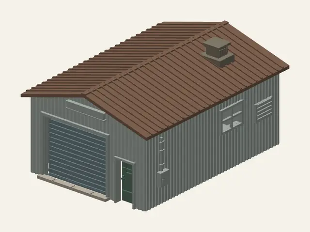 N Scale Scrapyard Workshop – Corrugated Steel Shop with Roller Door & Removable Roof (1:160) — modelo 3D