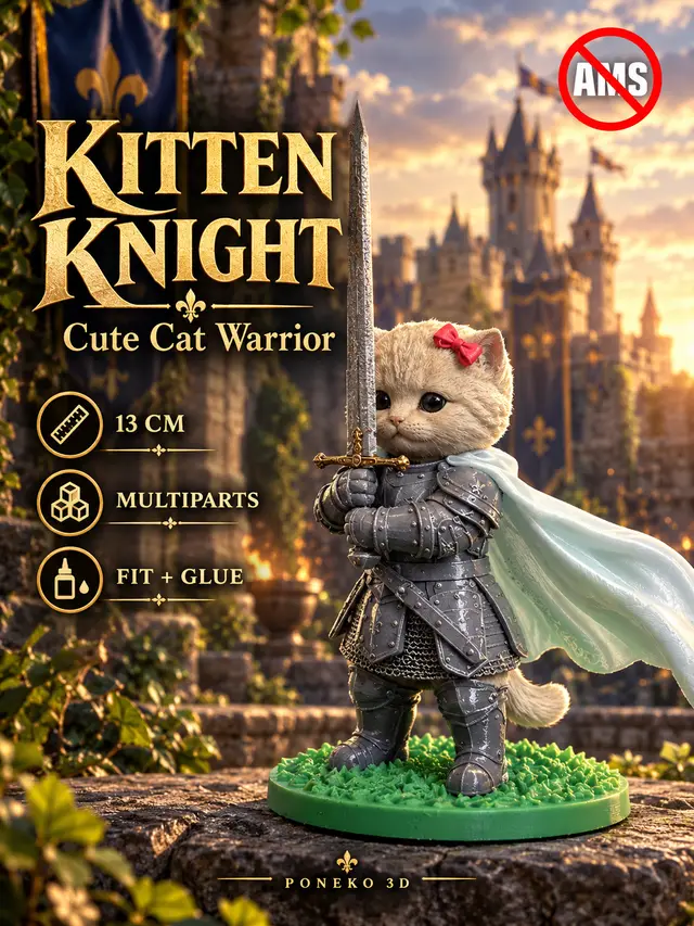 3D Printed Kitten Knight - Warrior Cat Multipart Figure — modelo 3D